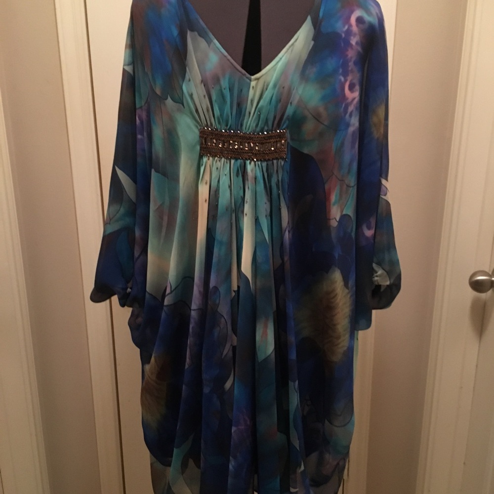 Water Color Dress with Batwing Sleeves